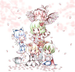 Rule 34 | 5girls, antennae, arms up, ascot, bad id, bad pixiv id, basket, blonde hair, bow, cape, cherry blossoms, chibi, chin rest, cirno, closed eyes, column, daisy, dress, earrings, flower, hair bow, hair flower, hair ornament, happy, head on head, head rest, head wings, jewelry, kazami yuuka, kuromame (8gou), multiple girls, mystia lorelei, outstretched arms, petals, pillar, pinafore dress, red eyes, red flower, red rose, rose, rumia, sitting, skirt, skirt set, sleeveless dress, team 9, touhou, vest, watering can, white background, wings, wreath, wriggle nightbug, | |