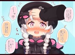 Rule 34 | 1girl, ^^^, beret, black bow, black dress, black headwear, blue background, blush, bow, braid, commentary request, disembodied hand, doll joints, dress, fate/extra, fate (series), flying sweatdrops, gothic lolita, hair bow, hand on forehead, hat, highres, joints, letterboxed, lolita fashion, long hair, nose blush, nursery rhyme (fate), pink eyes, solo focus, striped, striped bow, translation request, twin braids, twintails, twitter username, white hair, yuya090602