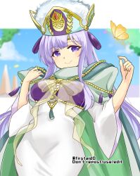 Rule 34 | 1girl, arm up, breasts, bug, butterfly, cape, circlet, dress, fire emblem, fire emblem: genealogy of the holy war, fire emblem heroes, hat, insect, julia (fire emblem), julia (scion) (fire emblem), long hair, medium breasts, nintendo, official alternate costume, purple eyes, purple hair, see-through, solo, yukia (firstaid0)