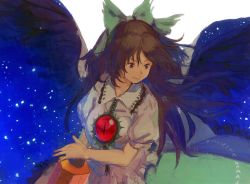 Rule 34 | 1girl, alternate eye color, arm cannon, black wings, bow, breasts, brown eyes, brown hair, cape, collared shirt, feathered wings, frilled shirt, frilled shirt collar, frills, green skirt, hair bow, kagari (kgr 000), long hair, long skirt, looking down, looking to the side, puffy sleeves, red eyes, reiuji utsuho, shirt, short sleeves, skirt, solo, space, third eye, touhou, weapon, white shirt, wings