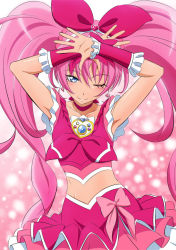 Rule 34 | 1girl, ;), arms up, blue eyes, crop top, cure melody, floating hair, fuchi (nightmare), hair ribbon, hairband, head tilt, houjou hibiki, layered skirt, long hair, magical girl, midriff, one eye closed, pink hair, precure, red ribbon, ribbon, shiny skin, skirt, sleeveless, smile, solo, standing, stomach, suite precure, twintails, very long hair, white hairband, wrist cuffs