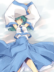 Rule 34 | 1girl, :o, arms up, asoka, bed sheet, blue skirt, blush, detached sleeves, female focus, from above, green eyes, green hair, kochiya sanae, long hair, long sleeves, looking at viewer, matching hair/eyes, nontraditional miko, parted lips, skirt, solo, touhou, vest