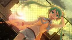 Rule 34 | 1girl, aqua eyes, aqua hair, dutch angle, hatsune miku, headphones, kunishi rei, lens flare, long hair, looking at viewer, midriff, navel, necktie, open mouth, outdoors, project diva, project diva (series), project diva 2nd, resolution mismatch, shorts, sky, smile, solo, sunset, twintails, very long hair, vocaloid, wind, yellow (vocaloid)