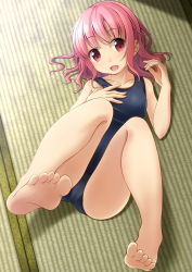 Rule 34 | 1girl, :d, bare arms, bare legs, bare shoulders, barefoot, blue one-piece swimsuit, blush, collarbone, commentary request, feet, fingernails, full body, highres, long hair, looking at viewer, lying, old school swimsuit, on back, on floor, one-piece swimsuit, open mouth, original, pink hair, red eyes, school swimsuit, shibacha, smile, solo, swimsuit, tatami, thighs, toes