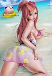 Rule 34 | 1girl, ass, beach, breasts, brown eyes, clothes pull, creatures (company), game freak, gen 1 pokemon, jigglypuff, large breasts, long hair, looking at viewer, nail polish, nintendo, nipples, oichi, oichi (sengoku musou), one-piece swimsuit, one-piece swimsuit pull, open mouth, panties, pink one-piece swimsuit, pink panties, pokemon, pokemon (creature), pokemon conquest, ponytail, red hair, ribbon, sand, see-through, sengoku musou, skirt, smile, swimsuit, swimsuit under clothes, thighs, underwear, very long hair, water, wet, wet breasts, wet clothes, wet panties, wet skirt, wet swimsuit, yiqiang