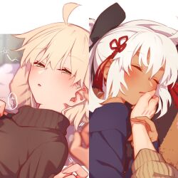 Rule 34 | 1boy, 2girls, ahoge, black bow, black sweater, blonde hair, blush, bow, breasts, closed eyes, dark-skinned female, dark skin, fate/grand order, fate (series), hair between eyes, hair bow, hand on another&#039;s arm, hand on another&#039;s face, highres, koha-ace, large breasts, long hair, long sleeves, looking at viewer, lying, mitsurugi sugar, multiple girls, okita souji (fate), okita souji (koha-ace), okita souji alter (fate), okita souji alter (first ascension) (fate), on back, out of frame, parted lips, short hair, signature, sleeping, sweater, tassel, turtleneck, turtleneck sweater, twitter username, white hair, yellow eyes