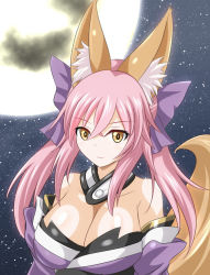 Rule 34 | 1girl, animal ear fluff, animal ears, bar (place), blue bow, blue kimono, blue thighhighs, bow, breasts, cleavage, commentary request, detached sleeves, fate/extra, fate/extra ccc, fate/grand order, fate (series), fox ears, fox girl, fox tail, full moon, japanese clothes, kimono, large breasts, looking at viewer, moon, nauchan4649, night, night sky, outdoors, pink hair, sky, solo, split ponytail, star (sky), starry sky, tail, tamamo (fate), tamamo no mae (fate/extra), thighhighs, upper body, yellow eyes