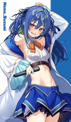 Rule 34 | 1girl, nanashi inc., absurdres, arm up, armpit peek, armpits, bare shoulders, belt, blue hair, blue skirt, breasts, cowboy shot, crop top, highres, hiyoku no crosspiece, holding, jacket, kurebayashi noe, long hair, long sleeves, looking at viewer, midriff, miniskirt, mole, mole on stomach, mole under eye, multicolored hair, navel, neck ribbon, off shoulder, open clothes, open jacket, open mouth, red eyes, revealing clothes, ribbed shirt, ribbon, shirt, skirt, sleeveless, sleeveless shirt, small breasts, smile, solo, standing, stomach, streaked hair, suzumi nemo, two side up, virtual youtuber, white jacket, white shirt, wide sleeves