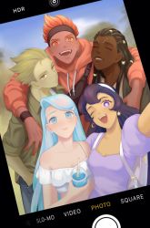 Rule 34 | 2girls, 3boys, :d, ;d, arm around shoulder, mismatched earrings, bandana, black hair, blue eyes, blue hair, colored skin, comb over, commentary, contemporary, cookie run, cowboy shot, crescent, crescent earrings, crop top, cup, dark-skinned male, dark skin, denim, disposable cup, dreadlocks, drink, drinking straw, earrings, english commentary, closed eyes, facial mark, fake screenshot, fanny pack, fire spirit cookie, green eyes, green hair, green shirt, green skin, hair ornament, hair slicked back, hairband, hairclip, highres, holding, holding cup, hood, hoodie, jeans, jewelry, kay tee kat, looking at viewer, millennial tree cookie, moonlight cookie, multiple boys, multiple girls, off-shoulder shirt, off shoulder, one eye closed, open mouth, orange eyes, orange hair, orange hoodie, outstretched arm, pants, parted lips, pearl earrings, pearl hair ornament, puffy short sleeves, puffy sleeves, purple eyes, purple hair, purple shirt, red skin, sea fairy cookie, selfie, shirt, short sleeves, smile, star-shaped pupils, star (symbol), star earrings, symbol-shaped pupils, teeth, upper body, white hairband, white shirt, wind archer cookie, wristband
