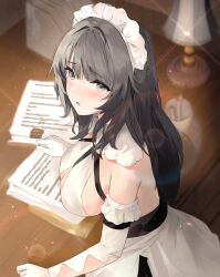 Rule 34 | 1girl, azur lane, bii bii (bronzeii002), breasts, charybdis (azur lane), desk lamp, dress, elbow gloves, from above, gloves, grey hair, indoors, lamp, large breasts, long hair, maid, maid headdress, paper, solo, table, white dress, white gloves