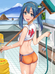 Rule 34 | 1girl, :d, ass, basin, bath, bath stool, bathhouse, blue hair, blush, breasts, broom, bucket, cleaning, cleaning brush, from behind, grey eyes, gym shorts, hisho collection, hose, looking at viewer, looking back, midriff, open mouth, bathhouse, shirt, short shorts, shorts, sleeves rolled up, small breasts, smile, soap bubbles, solo, stool, tied shirt, twintails, water, yokaze japan