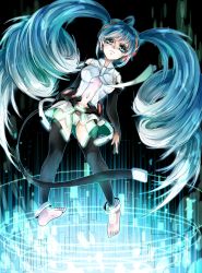 Rule 34 | 1girl, anklet, aqua eyes, aqua hair, barefoot, bridal gauntlets, center opening, female focus, hatsune miku, hatsune miku (append), highres, hona4869, hona (platinum egg), jewelry, long hair, navel, necktie, solo, thighhighs, twintails, very long hair, vocaloid, vocaloid append
