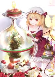 Rule 34 | 1girl, alternate costume, bad id, bad pixiv id, bare shoulders, blonde hair, bow, box, candle, christmas, christmas dress, christmas ornaments, christmas tree, closed mouth, collarbone, crystal, dress, drill hair, flandre scarlet, flower, frilled dress, frills, fur trim, gift, gift box, glass, green bow, happiness lilys, hat, hat ribbon, highres, kneeling, looking to the side, mob cap, petticoat, poinsettia, red dress, red ribbon, ribbon, short hair, short hair with long locks, short sleeves, side ponytail, simple background, smile, solo, thighhighs, touhou, white background, white hat, white thighhighs, wings, zettai ryouiki