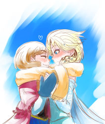 Rule 34 | 2girls, anna (frozen), closed eyes, couple, elsa (frozen), eye contact, frozen (disney), gradient background, happy, incest, looking at another, mittens, multiple girls, murai shinobu, scarf, shared clothes, shared scarf, siblings, sisters, smile, yuri