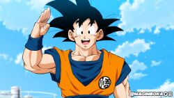 Rule 34 | 1boy, anime coloring, arm up, building, cloud, cloudy sky, collarbone, commentary, dougi, dragon ball, english commentary, highres, instagram logo, magimeoka, muscular, muscular male, open mouth, outdoors, pectorals, sky, smile, solo, son goku, twitter logo, watermark