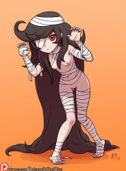 Rule 34 | 1girl, alternate costume, alternate hairstyle, artist name, ashley (warioware), bandage over one eye, bandages, big hair, black hair, breasts, claw pose, cleft of venus, closed mouth, expressionless, female focus, full body, gluteal fold, gradient background, hair down, leaning forward, long hair, looking at viewer, mummy, mummy costume, naked bandage, navel, nintendo, nipples, noise tanker, orange background, patreon logo, patreon username, pussy, red eyes, shiny skin, sidelocks, simple background, small breasts, solo, stomach, swept bangs, thighs, toes, uncensored, very long hair, warioware, watermark, web address