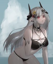 Rule 34 | 1girl, absurdres, arknights, arm under breasts, bikini, black bikini, blush, breasts, cleavage, cloud, cloudy sky, commentary, cowboy shot, day, demon horns, ear piercing, flower, hair flower, hair ornament, highres, horns, jewelry, large breasts, leaning forward, long hair, looking at viewer, material growth, mudrock (arknights), mudrock (silent night) (arknights), official alternate costume, oripathy lesion (arknights), outdoors, parted lips, pendant, piercing, pointy ears, red eyes, silver hair, sky, solo, standing, sweatdrop, swimsuit, yuki nko64