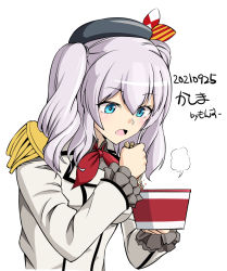 Rule 34 | 1girl, artist name, beret, black hat, blue eyes, character name, chopsticks, cup ramen, dated, epaulettes, frilled sleeves, frills, gloves, hat, jacket, kantai collection, kashima (kancolle), long sleeves, military jacket, monsuu (hoffman), neckerchief, one-hour drawing challenge, red neckerchief, sidelocks, silver hair, simple background, solo, twintails, upper body, wavy hair, white background, white gloves, white jacket