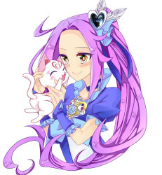 Rule 34 | 10s, 1girl, animal, blue dress, blush, cat, choker, cure beat, dress, eyelashes, hair ornament, happy, heart, heart hair ornament, hummy (suite precure), kurokawa eren, long hair, magical girl, meisuke (kan), non-web source, owata112, ponytail, portrait, precure, puffy sleeves, purple hair, seiren (suite precure), side ponytail, simple background, smile, solo, suite precure, white background, wrist cuffs, yellow eyes