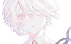 Rule 34 | 10 io, 1boy, bolo tie, close-up, collared shirt, heterochromia, highres, looking at viewer, male focus, open mouth, original, pink eyes, portrait, shirt, short hair, simple background, solo, tearing up, white background, white eyes, white hair, white shirt