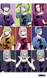Rule 34 | :o, arm up, blonde hair, blue background, blue hair, blue shirt, chenaze57, closed mouth, collarbone, commentary request, darling in the franxx, eyewear on head, facing viewer, green background, green eyes, green hair, grey background, grey eyes, grey shirt, hair between eyes, hair over one eye, hand on own neck, highres, holding, long hair, looking at viewer, looking to the side, mask, medium hair, mouth mask, multiple boys, multiple girls, nine alpha, nine beta, nine delta, nine epsilon, nine gamma, nine zeta, one eye closed, open mouth, orange eyes, orange shirt, parted lips, pink hair, pink shirt, purple background, purple hair, purple shirt, red background, red eyes, shirt, short hair, short sleeves, sidelocks, simple background, smile, sunglasses, sunglasses on head, t-shirt, translation request, triplets, upper body, v, yellow eyes, zero two (darling in the franxx)