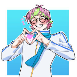 Rule 34 | 1boy, bish, koby (one piece), facing viewer, flying sweatdrops, glasses, grin, hands up, heart, heart hands, highres, male focus, marine uniform (one piece), mosasaursun, one piece, pink hair, round eyewear, scarf, short hair, shy, smile, solo, upper body