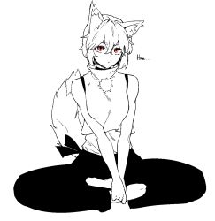 Rule 34 | 1641 (chfhrtor94), 1girl, :/, animal ear fluff, animal ears, commentary, english commentary, full body, greyscale, hair between eyes, hands on own legs, indian style, inubashiri momiji, looking at viewer, monochrome, pants, pom pom (clothes), red eyes, short hair, simple background, sitting, sleeveless, sleeveless turtleneck, solo, spot color, tail, touhou, turtleneck, wolf ears, wolf girl, wolf tail