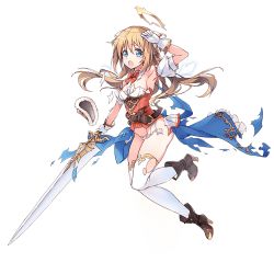 Rule 34 | 1girl, blue eyes, boots, breasts, brown footwear, cleavage, dennou tenshi djibril, full body, gloves, halo, high heels, holding, holding sword, holding weapon, light brown hair, long hair, looking at viewer, official art, open mouth, solo, sword, thighhighs, torn clothes, transparent background, weapon, white gloves