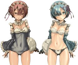 Rule 34 | 10s, 2girls, absurdres, adapted costume, ass, bad id, bad pixiv id, bare shoulders, bikini, blue eyes, blue hair, blush, bow, bow bra, bow panties, bra, breasts, cleavage, covered navel, detached sleeves, fingernails, frilled sleeves, frills, fukushima masayasu, hair ornament, hair over one eye, hair ribbon, hairband, highres, looking at viewer, maid, maid bikini, maid headdress, maid one-piece swimsuit, masayasuf, medium breasts, multiple girls, navel, old school swimsuit, one-piece swimsuit, panties, pink eyes, pink hair, pink ribbon, ram (re:zero), re:zero kara hajimeru isekai seikatsu, red ribbon, rem (re:zero), ribbon, school swimsuit, short hair, siblings, sisters, small breasts, standing, swimsuit, thigh gap, thighs, tray, twins, unconventional maid, underwear, x hair ornament