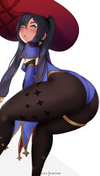 Rule 34 | 1girl, absurdres, ass, black hair, blush, breasts, cape, genshin impact, gloves, green eyes, hair ornament, hair ribbon, hat, highres, hioyami, huge ass, leaning, leaning forward, leotard, long hair, looking at viewer, medium breasts, mona (genshin impact), open mouth, pantyhose, ribbon, sideboob, solo, thick thighs, thighlet, thighs, twintails, very long hair