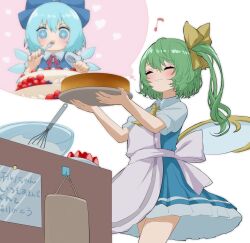 Rule 34 | + +, 2girls, apron, ascot, blue bow, blue dress, blue eyes, blue hair, blush, bow, cake, cirno, closed mouth, cooking, daiyousei, dress, eighth note, fairy, fairy wings, food, green hair, hair bow, highres, ice, ice wings, imagining, long hair, mikan (manmarumikan), multiple girls, musical note, shirt, short hair, short sleeves, side ponytail, smile, touhou, white apron, white shirt, wings, yellow ascot