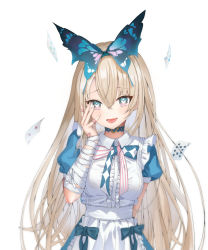 Rule 34 | 1girl, alice (grimlight), apron, bandaged arm, bandages, bandaid, bandaid on hand, belt, blonde hair, blue bow, blue bowtie, blue choker, blue dress, blue eyes, blue hairband, blush, bow, bowtie, breasts, butterfly hair ornament, butterfly wings, buttons, card, choker, collared dress, dress, dress bow, eyes visible through hair, fingernails, grimlight, hair between eyes, hair ornament, hairband, hand on own face, hand up, heart, heart in eye, highres, insect wings, long fingernails, long hair, looking to the side, medium breasts, multicolored bow, multicolored bowtie, multicolored eyes, nail polish, open mouth, pink bow, pink bowtie, pink eyes, pink nails, playing card, raurashun, simple background, smile, solo, standing, striped bow, striped bowtie, striped clothes, symbol in eye, teeth, tongue, white apron, white background, white belt, white bow, white bowtie, wings