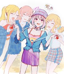 Rule 34 | !?, 4girls, bad id, bad twitter id, bare shoulders, blonde hair, blue hair, breasts, camisole, cleavage, closed eyes, collar, collarbone, dot nose, earrings, english text, fang, fujimoto rina, furrowed brow, hair between eyes, hamachamu, hand on another&#039;s arm, hat, heart, heart hands, highres, idolmaster, idolmaster cinderella girls, idolmaster cinderella girls starlight stage, jewelry, jougasaki mika, long sleeves, multicolored hair, multiple girls, necklace, official alternate costume, ohtsuki yui, open mouth, pink eyes, pink hair, plaid, plaid skirt, pointing, pointing at another, print camisole, purple skirt, raised eyebrows, ring, skirt, smile, sparkle, standing, star (symbol), star earrings, sweat, teeth, thighs, thought bubble, trembling, two-tone hair, upper teeth only, yumemi riamu