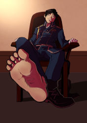 Rule 34 | 1boy, barefoot, black hair, booty electric, feet, foot focus, formal, fullmetal alchemist, gloves, grin, highres, male focus, military, military uniform, naughty face, pov, short hair, sitting, smile, soles, solo focus, suit, toes, undressing, uniform