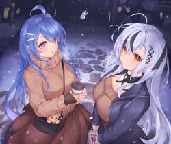 Rule 34 | 2girls, absurdres, ahoge, azur lane, bag, black hair, black jacket, blue hair, borrowed character, box, breasts, bright pupils, brown skirt, brown sweater, closed mouth, cobblestone, commentary, cup, disposable cup, dutch angle, english commentary, from above, gift, gift box, grey hair, hair ornament, hairclip, handbag, helena (azur lane), highres, holding, holding cup, jacket, kyl490, large breasts, long hair, looking at viewer, multicolored hair, multiple girls, night, open mouth, original, outdoors, purple eyes, red eyes, shopping bag, sidelocks, skirt, snow, snowflakes, snowing, streaked hair, sweater, swept bangs, very long hair
