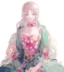 Rule 34 | 1girl, absurdres, audrey hall, blonde hair, breasts, chinese commentary, choker, cleavage, colored eyelashes, commentary request, dress, duyexuanyan, eyelashes, flower, frilled dress, frills, green dress, green eyes, highres, lips, long hair, long sleeves, looking at viewer, lord of the mysteries, pink ribbon, ribbon, simple background, solo, white background