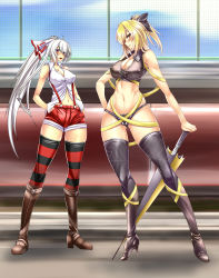 Rule 34 | 2girls, absurdres, adapted costume, alternate costume, bare arms, bare shoulders, blonde hair, blush, boots, bow, breasts, cleavage, closed umbrella, covered erect nipples, curvy, female focus, fujiwara no mokou, hair bow, hands in pockets, high heels, highres, kurodani yamame, large breasts, legs, long hair, looking at viewer, midriff, multiple girls, navel, panties, planted, planted umbrella, ponytail, profile, race queen, ribbon, shoes, short hair, shorts, silk, silver hair, smile, sorono wa soro, spider web, spider web print, striped clothes, striped legwear, striped panties, striped thighhighs, suspenders, tall, thigh boots, thighhighs, thighs, touhou, umbrella, underwear, wide hips, zettai ryouiki, zipper