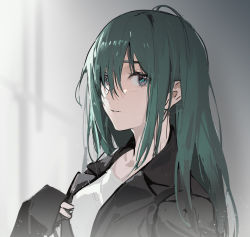 Rule 34 | 1girl, black coat, blurry, blurry background, coat, green hair, green pupils, grey eyes, hair between eyes, highres, light particles, long hair, looking at viewer, open clothes, open coat, original, parted lips, sketch, sleeves past wrists, solo, upper body, yeyuanqianqianqian