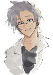 Rule 34 | 1boy, absurdres, black eyes, black shirt, chinese commentary, commentary request, glasses, grey hair, highres, kanhuijizaifei, kanou aogu, lab coat, male focus, open clothes, portrait, saibou shinkyoku, shirt, short hair, simple background, sketch, solo, v-neck, white background