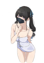 Rule 34 | 1girl, absurdres, alternate costume, alternate hairstyle, arm behind back, black hair, blue camisole, blue eyes, blue ribbon, blush, breasts, camisole, chinese commentary, cleavage, covered mouth, cowboy shot, drill hair, finger to mouth, hair between eyes, hair ornament, hair ribbon, hairclip, highres, long hair, looking at viewer, mask, medium breasts, mouth mask, nijisanji, ribbon, simple background, sleeveless, solo, spaghetti strap, tamago (eva1314056), thighs, tsukino mito, twintails, virtual youtuber, white background