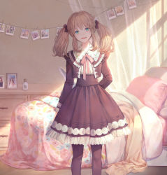 Rule 34 | 1girl, bed, black pantyhose, blonde hair, bottle, clip, dappled sunlight, frilled skirt, frilled sleeves, frills, green eyes, knife, knife behind back, looking at viewer, medium skirt, original, pantyhose, photo (object), pillow, pink ribbon, red ribbon, ribbon, shelf, skirt, smile, solo, string, sunlight, twintails, yoshicha