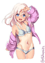 Rule 34 | 1girl, arm at side, armpits, bare shoulders, blonde hair, blue eyes, bow, bow panties, bra, breasts, collarbone, cowboy shot, ebifurya, frilled bra, frilled panties, frills, gluteal fold, grey bra, grey panties, groin, hair between eyes, highres, jacket, kantai collection, lingerie, long hair, long sleeves, looking at viewer, navel, one-piece tan, open mouth, panties, pink jacket, ro-500 (kancolle), simple background, small breasts, solo, standing, stomach, tan, tanline, thigh gap, underwear, white background