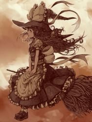 Rule 34 | 1girl, apron, braid, broom, broom riding, cloud, female focus, from side, hat, highres, kansou samehada, kirisame marisa, loafers, long hair, monochrome, orange theme, shoes, side braid, sketch, solo, touhou, witch, witch hat
