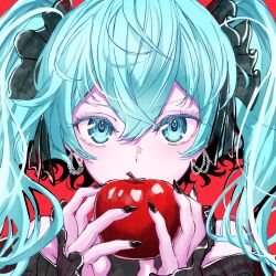 Rule 34 | 1girl, absurdres, apple, aqua eyes, aqua hair, black nails, chain earrings, close-up, colored eyelashes, colored skin, ear piercing, fingernails, food, frilled cuffs, fruit, hair between eyes, hair ribbon, hatsune miku, highres, holding, holding food, holding fruit, imminent bite, long fingernails, looking at viewer, messy hair, no renor en, pale skin, piercing, pink skin, red apple, red background, ribbon, twintails, vocaloid