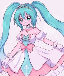 Rule 34 | 1990s (style), 1girl, absurdres, blue eyes, blue hair, blush, bow, breasts, chellyko, choker, collarbone, detached sleeves, dress, gem, gloves, grin, hatsune miku, heart, heart print, highres, long hair, looking at viewer, pink background, pink bow, print dress, retro artstyle, roman numeral, short sleeves, small breasts, smile, sparkle, standing, teeth, tiara, twintails, vocaloid, white dress, white gloves