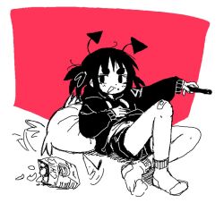 Rule 34 | 1girl, ahoge, antennae, bag, bandaid, bandaid on leg, blush, chips (food), controller, crossed ankles, crumbs, drawstring, food, greyscale with colored background, hand on own chest, hand up, holding, holding remote control, hood, hood down, hoodie, ime-chan (ime44), jean bomjan, knee up, long sleeves, looking at viewer, midriff peek, monochrome, navel, no pupils, on floor, open mouth, original, pillow, reclining, red background, remote control, short eyebrows, short hair, short twintails, sitting, sketch, sleeves past wrists, socks, solo, thick eyebrows, triangle mouth, twintails, white background