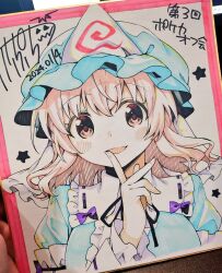 Rule 34 | 1girl, blue hat, blush, commentary request, dated, hat, index finger raised, kapuchii, long sleeves, looking at viewer, medium hair, mob cap, open mouth, pink hair, saigyouji yuyuko, signature, solo, touhou, traditional media, triangular headpiece, upper body