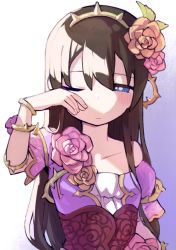 Rule 34 | 1girl, absurdres, arm at side, bare shoulders, blue eyes, blush, bracelet, bright pupils, brown hair, closed mouth, collarbone, dress, dress flower, flat chest, flower, goe (g-o-e), gradient background, hair between eyes, hair flower, hair ornament, half-closed eye, hand up, highres, jewelry, kagura hikari, long hair, looking at viewer, off-shoulder dress, off shoulder, official alternate costume, one eye closed, orange flower, orange rose, pink flower, pink rose, plant, puffy short sleeves, puffy sleeves, purple background, purple dress, rose, rubbing eyes, short sleeves, shoujo kageki revue starlight, shoujo kageki revue starlight -re live-, sidelocks, sleepy, solo, thorns, tiara, underbust, upper body, vines, white background, white pupils