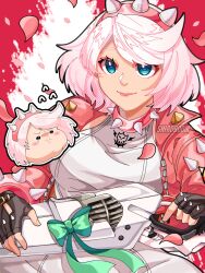 Rule 34 | 1girl, aqua eyes, black gloves, bracelet, breasts, collar, dress, elphelt valentine, gloves, guilty gear, guilty gear strive, gun, hairband, highres, holding, holding gun, holding weapon, jacket, jewelry, large breasts, long sleeves, looking at viewer, petals, pink jacket, shiro boom, short hair, skull print, spiked bracelet, spiked collar, spiked hairband, spikes, weapon, white dress, white hair
