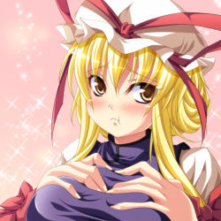 Rule 34 | 1girl, :t, blonde hair, blush, bow, breasts, breasts squeezed together, chozuru, dress, female focus, gradient background, hair ribbon, hat, large breasts, ribbon, solo, sparkle, touhou, yakumo yukari, yellow eyes